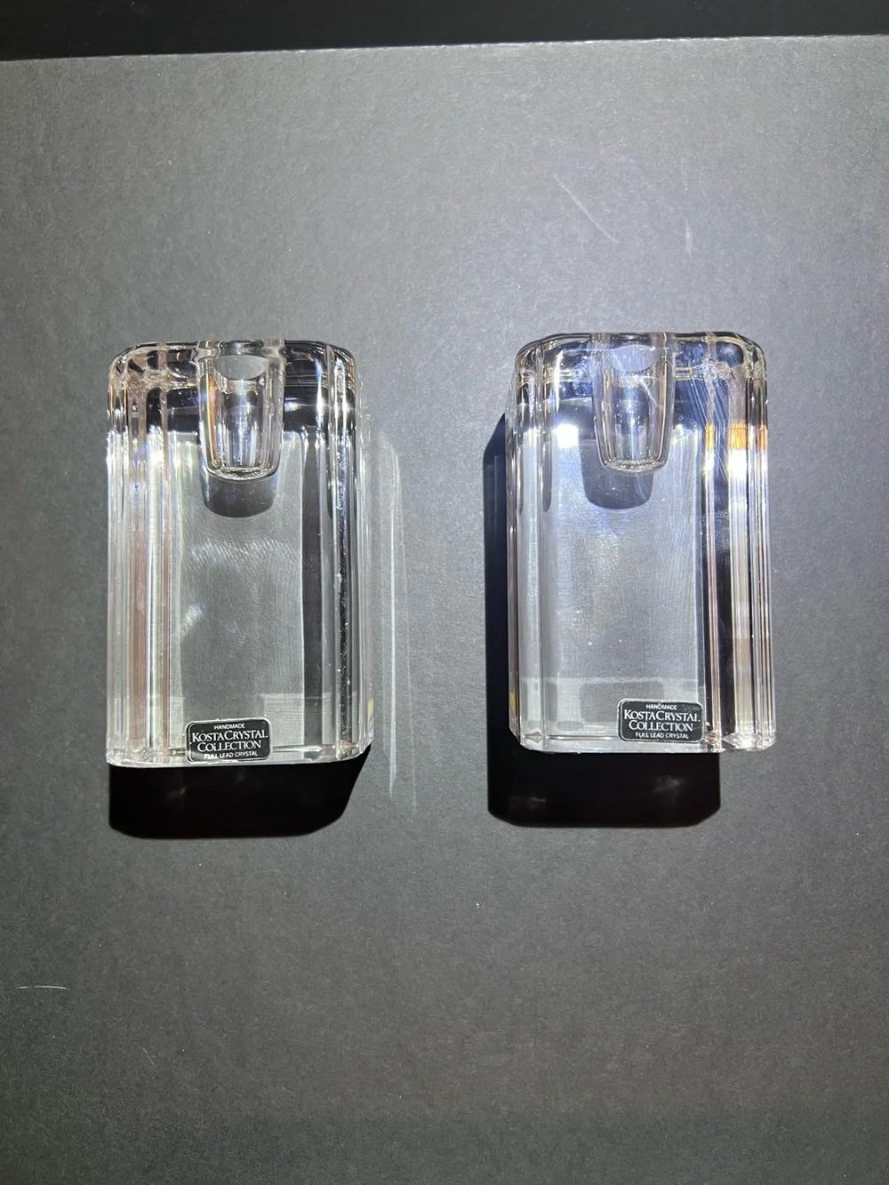 Kosta Boda Crystal Pillar Pair Candle Holders by Anna Ehrner